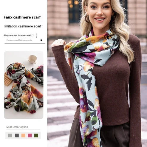 Artificial Cashmere Scarf Female Plant Print Fashion Commuter